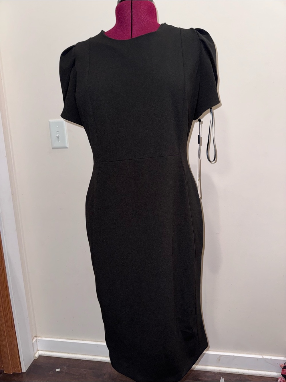NWT Calvin Klein Black Midi Sheath Dress with Puff Sleeves Gold Zipper